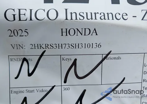 2025 Honda Cr-V Ex-L 2Wd z USA, uszkodzony, nr VIN 2HKRS3H73SH310136